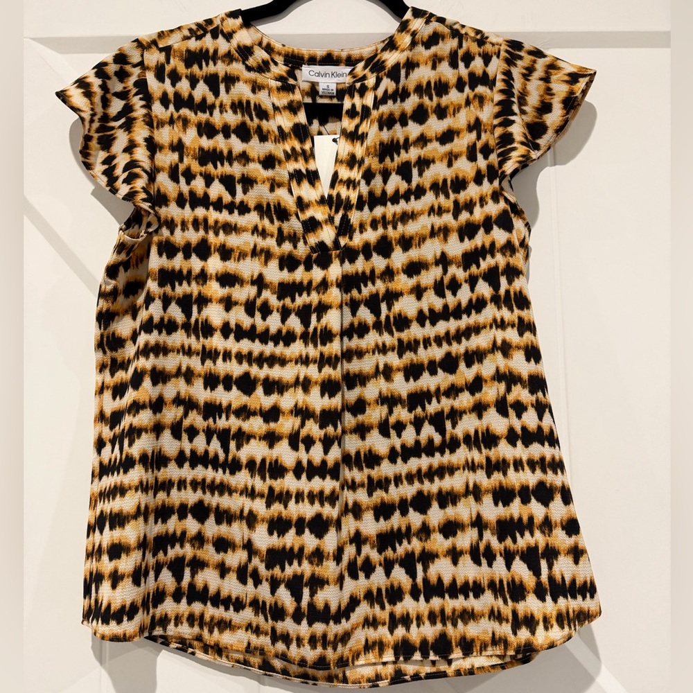 🆕 Calvin Klein Women's Abstract Print Blouse - Black and Tan